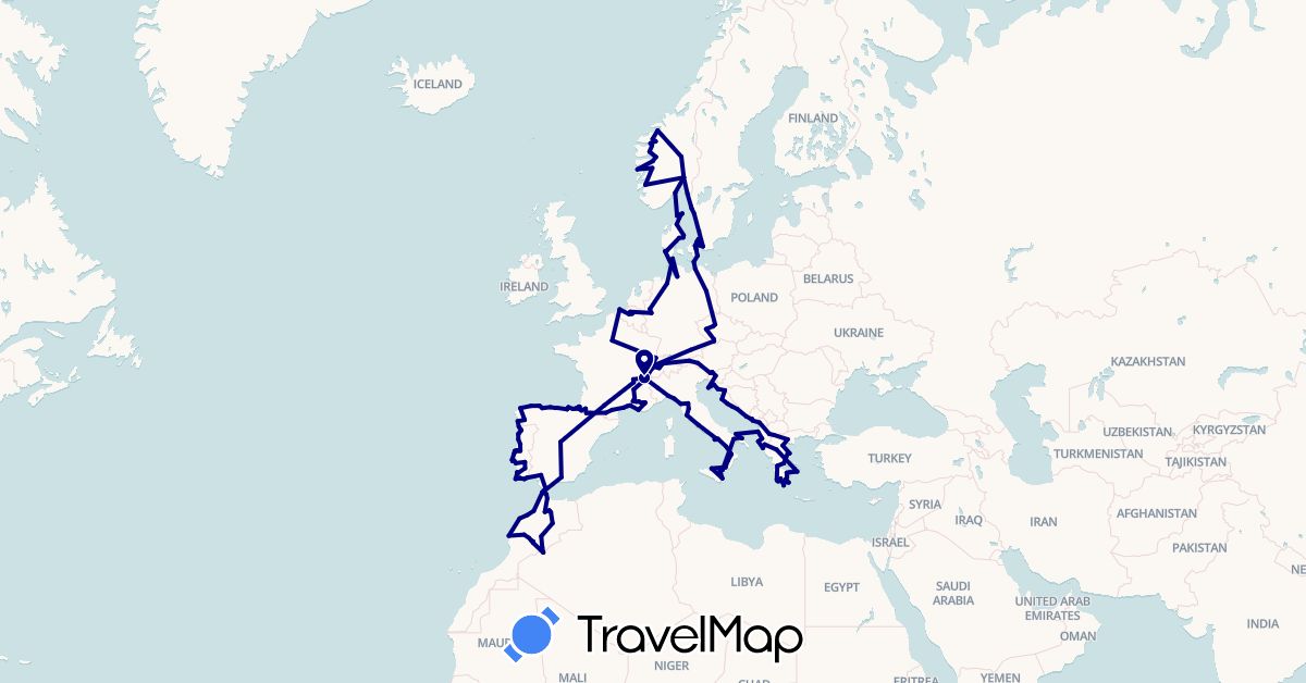 TravelMap itinerary: driving in Albania, Austria, Belgium, Switzerland, Czech Republic, Germany, Denmark, Spain, France, Greece, Croatia, Italy, Morocco, Montenegro, Macedonia, Norway, Portugal, Sweden, Slovenia (Africa, Europe)